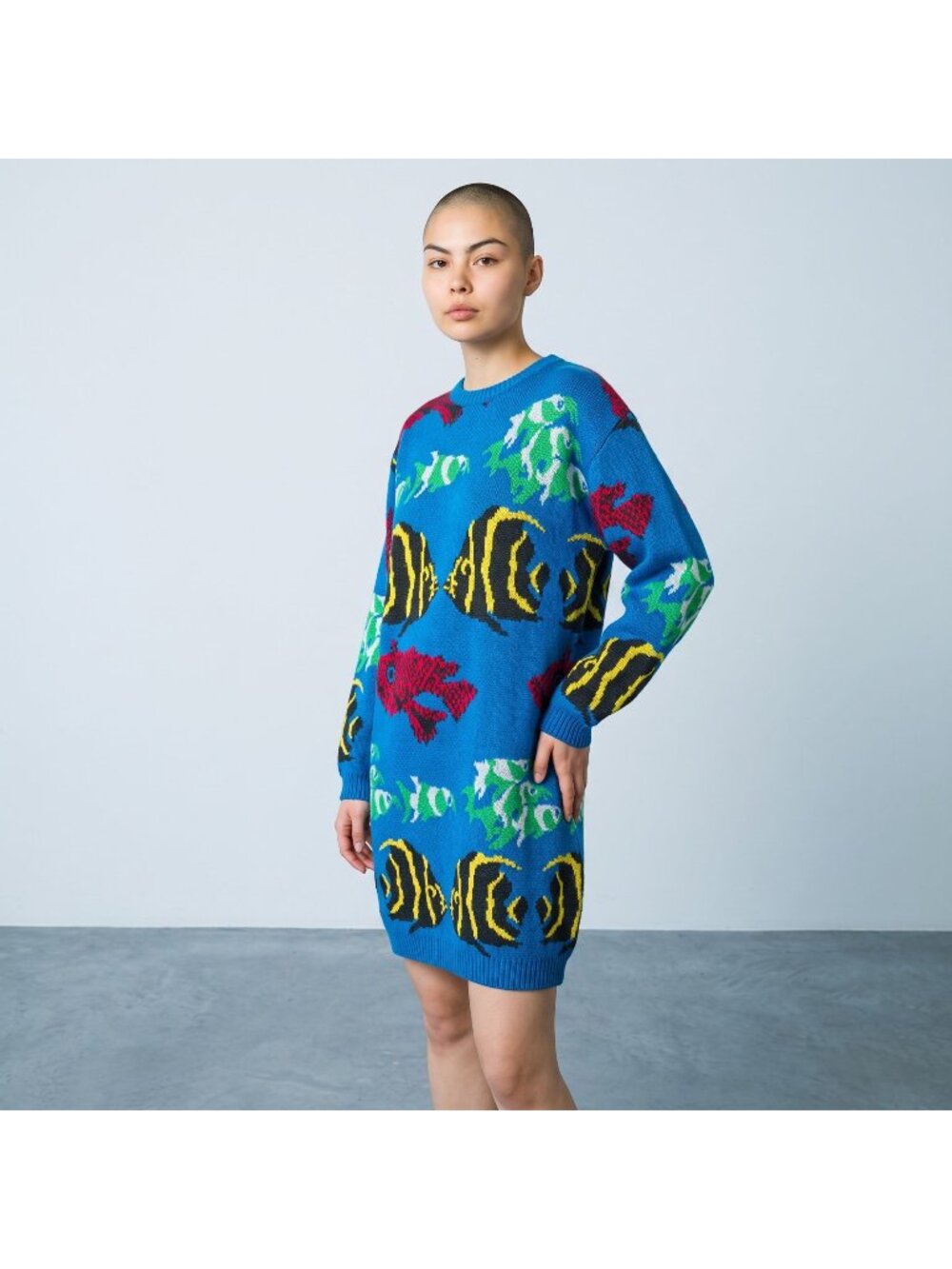 Vintage 90s Latitudes Fish Sweater Dress Women Large Blue Tropical Novelty Knit